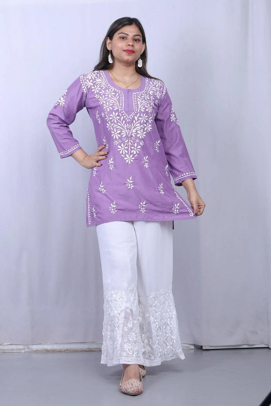 Purple Muslin Chikankari 3D Work Short Top - Awadhkari