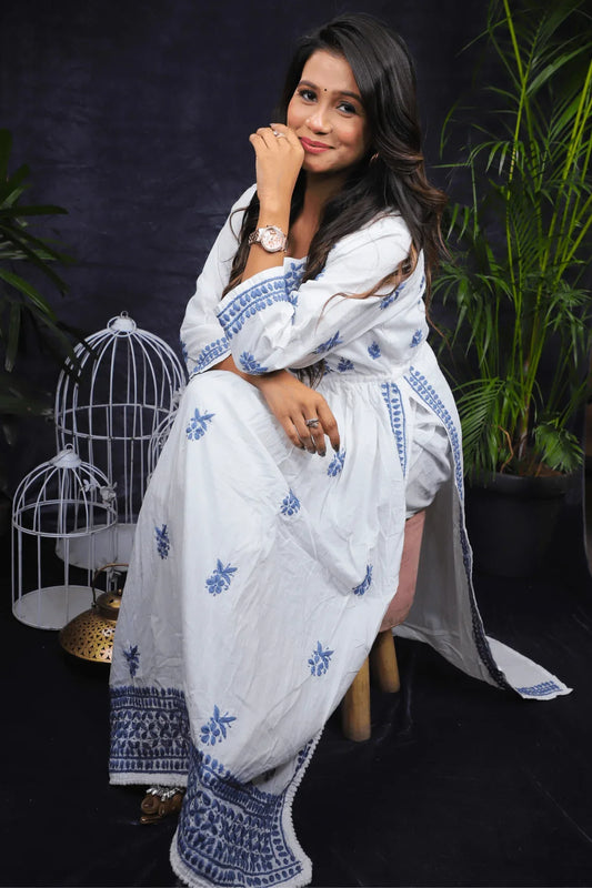 White & Blue Nyra Cut Anarkali Style Chikankari Cotton Long Kurti - Awadhkari