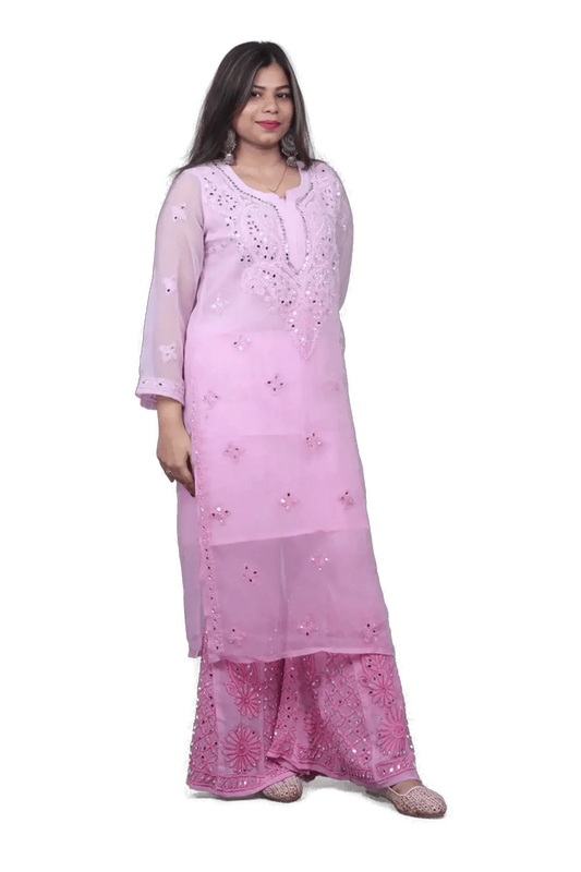 Pink Chiffon Chikankari Mirror Work Palazzo Set - Awadhkari