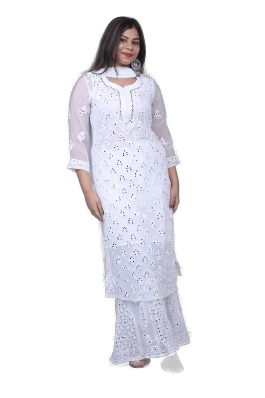 White Chiffon Chikankari Mirror Work Palazzo Set - Awadhkari