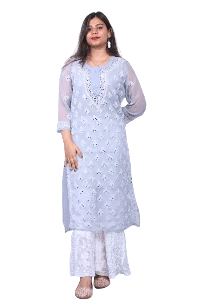 Grey Chiffon Mirror Work Long Kurti - Awadhkari