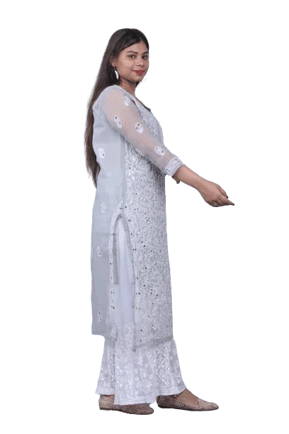 Grey Chiffon Mirror Work Chikankari Long Kurti - Awadhkari