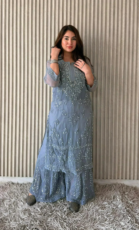 Awadhkari Exclusive Georgette Border Work Kurti Sharara Set with Chiffon Dupatta - Grey - Awadhkari