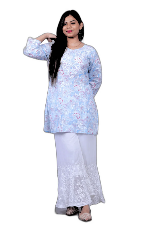 Blue Printed Chikankari Mal Mal Cotton Short Top - Awadhkari
