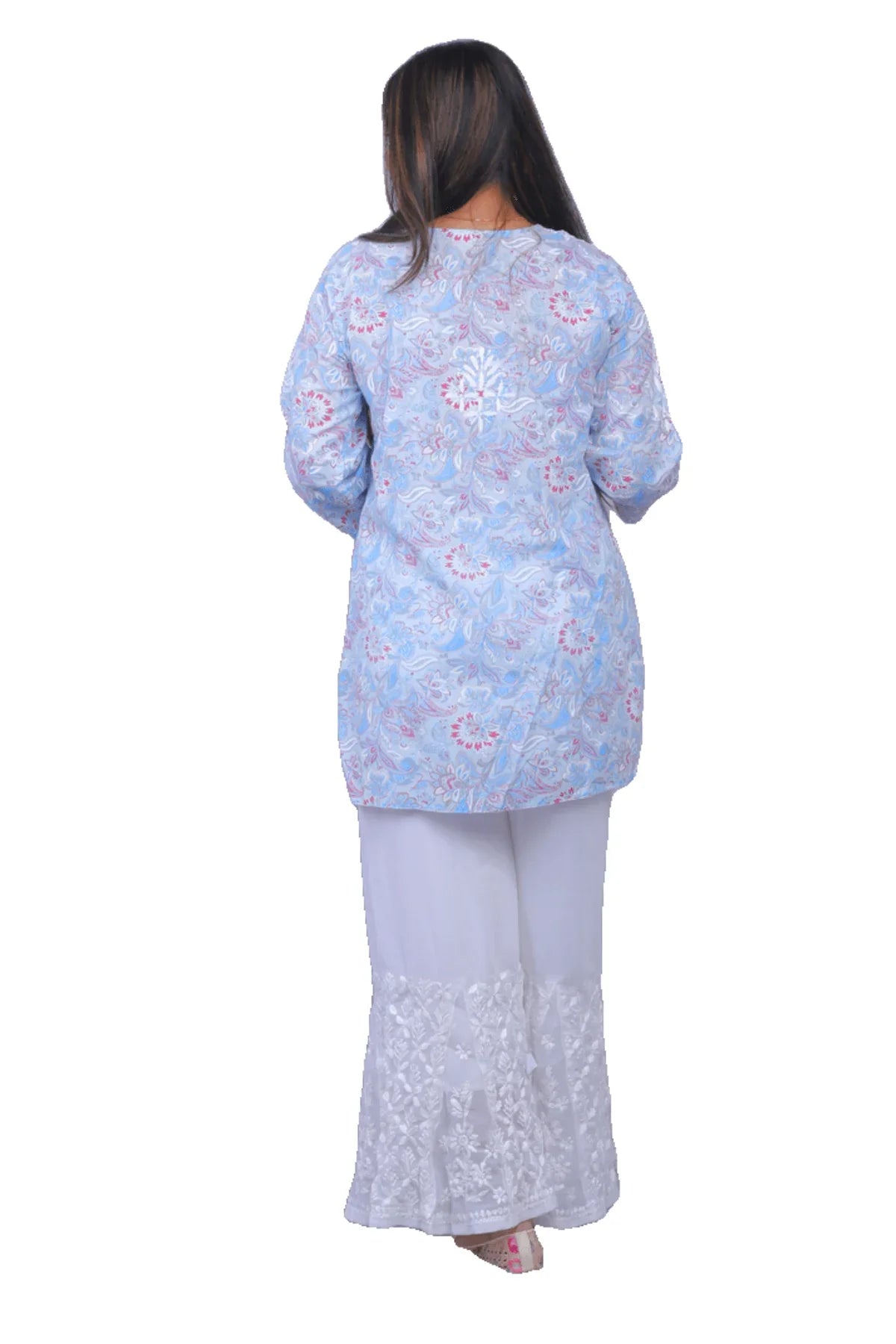 Blue Printed Chikankari Mal Mal Cotton Short Top - Awadhkari