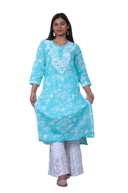 Blue Printed Malmal Cotton Kurti - Awadhkari