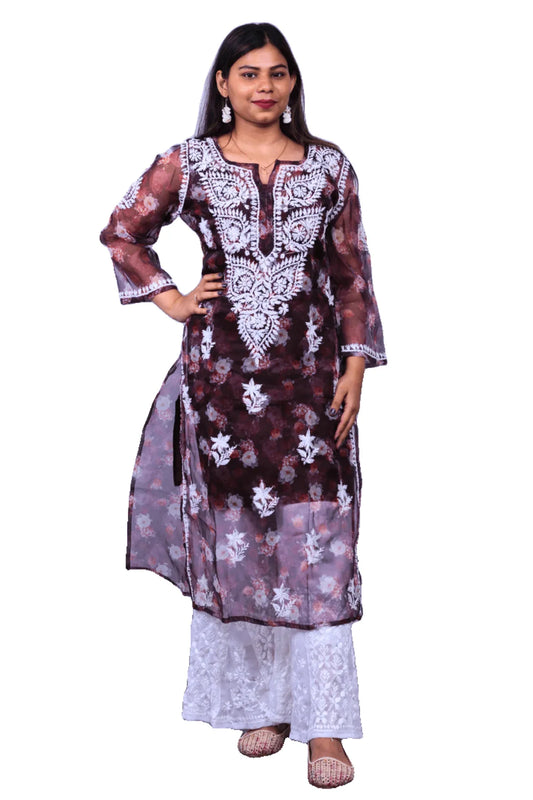 Chikankari Printed Organza Long Kurti - Awadhkari