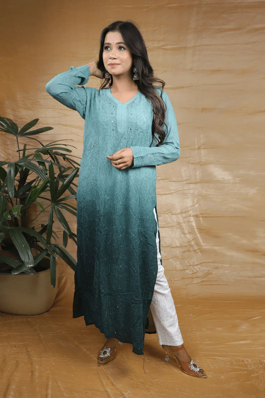 Bottle Green Ambre Viscose Full Jaal Fine Chikankari Work with Mukesh Long Kurti - Awadhkari