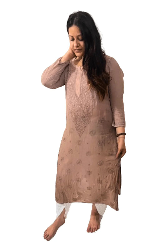 Brown Viscose Mukesh Work Long Kurti - Awadhkari
