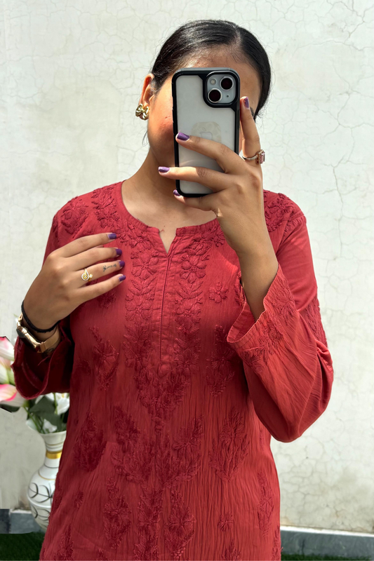 Dusty Orange Palazzo Set - Chanderi Silk - Hand Embroidered Chikankari