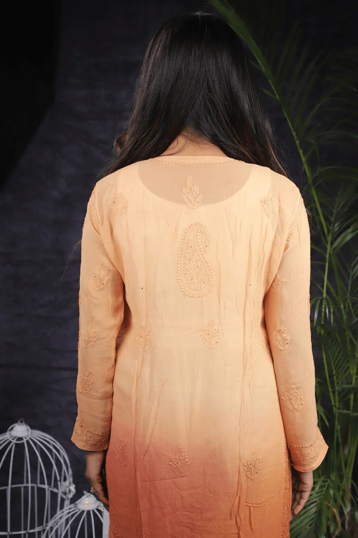 Dusty Peach Ambre Viscose Full Jaal Fine Chikankari Work with Mukesh Long Kurti - Awadhkari