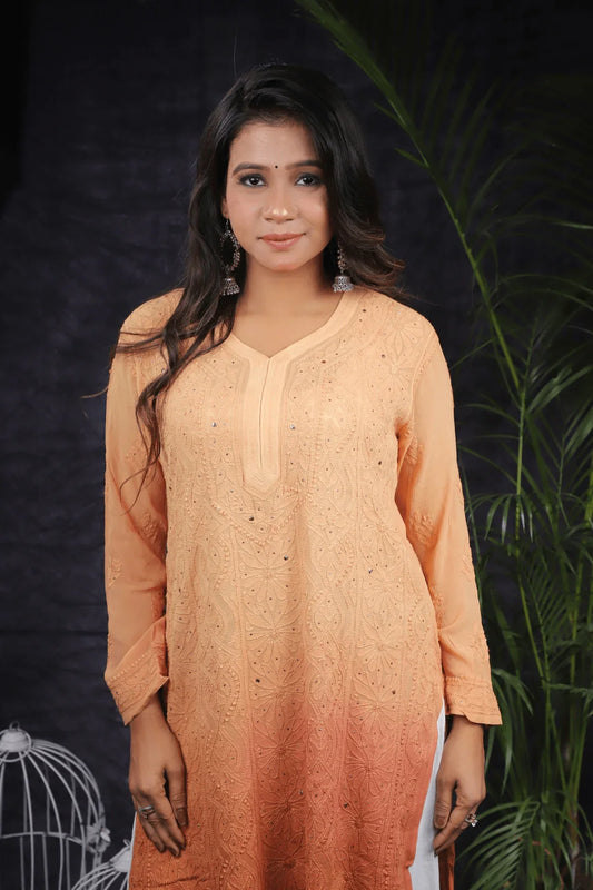 Dusty Peach Ambre Viscose Full Jaal Fine Chikankari Work with Mukesh Long Kurti - Awadhkari