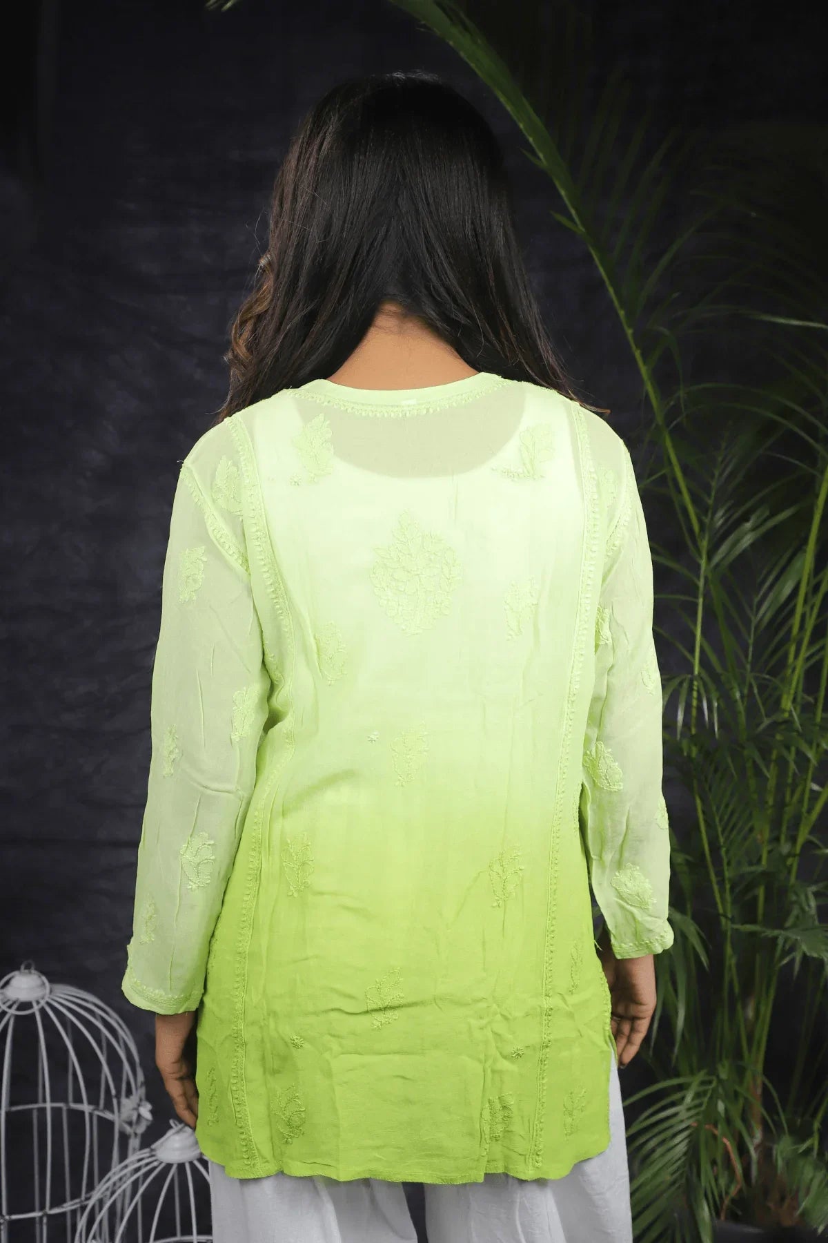 Green Ambre Mal Cotton Chikankari Handwork Short Kurti - Awadhkari