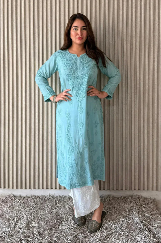 Awadhkari Lucknowi Chikankari Beautiful Modal Anchor Thread 3D Work Kurti with Rayon Plazo - Powder Blue - Awadhkari