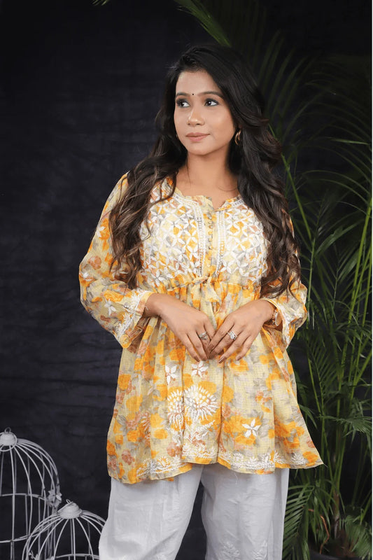 Orange Kota Cotton Chikankari Frock Style Short Kurti - Awadhkari