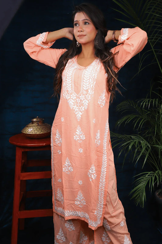 Peach Modal Cotton Long Kurti Palazzo Set - Awadhkari
