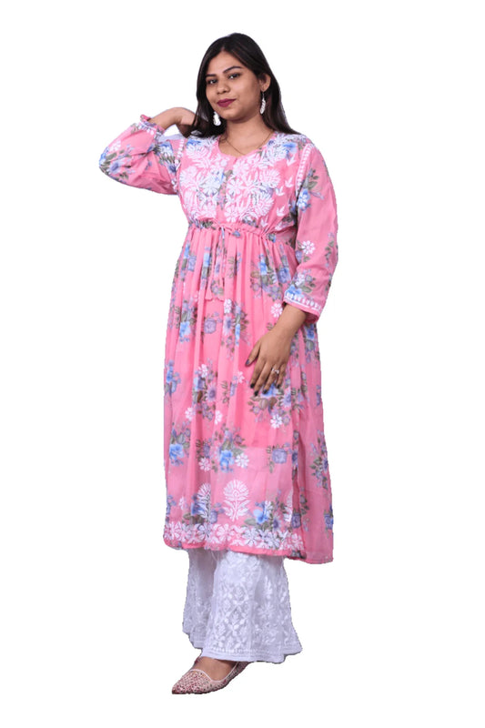 Pink Printed Chiffon Chikankari Frock Style Alya Cut Long Kurti - Awadhkari