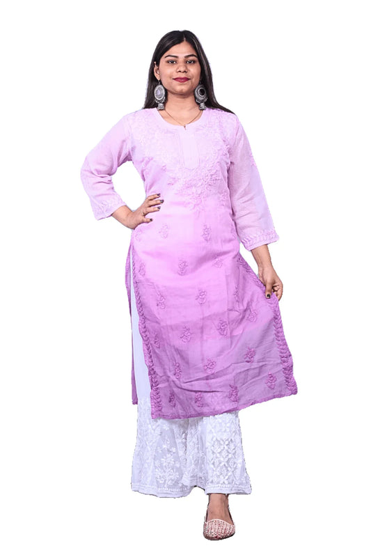 Purple Ambre Chikankari Kota Cotton Long Kurti - Awadhkari