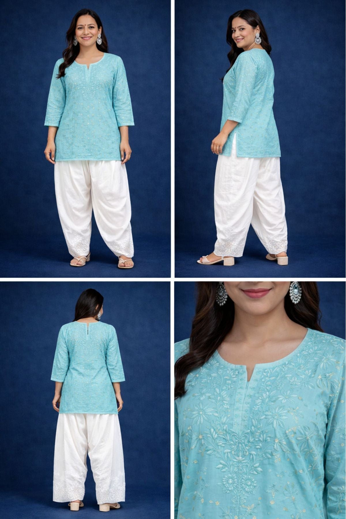 Pastel Blue Chanderi Silk Chikankari Short Kurta