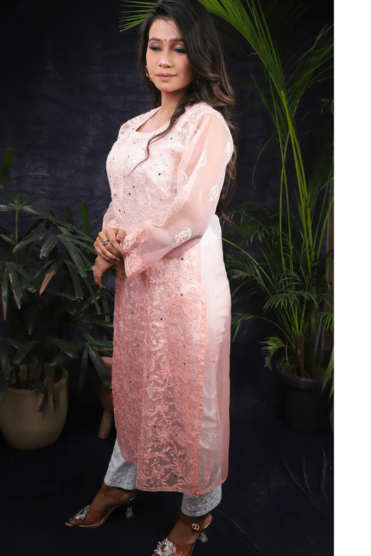 Peach Ambre Orgenza Chikankari with Mukesh Long Kurti - Awadhkari