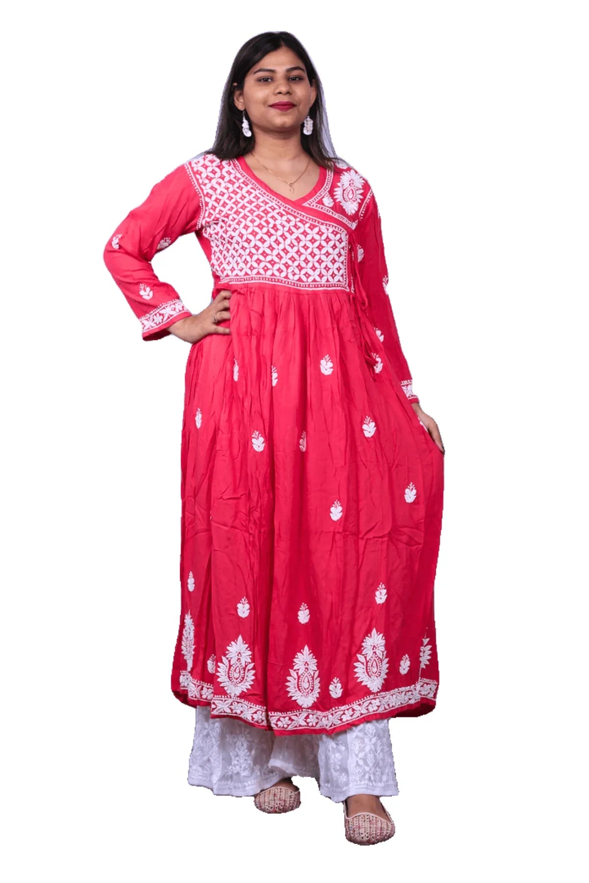 Red Modal Cotton Frock Style Long Gown - Awadhkari