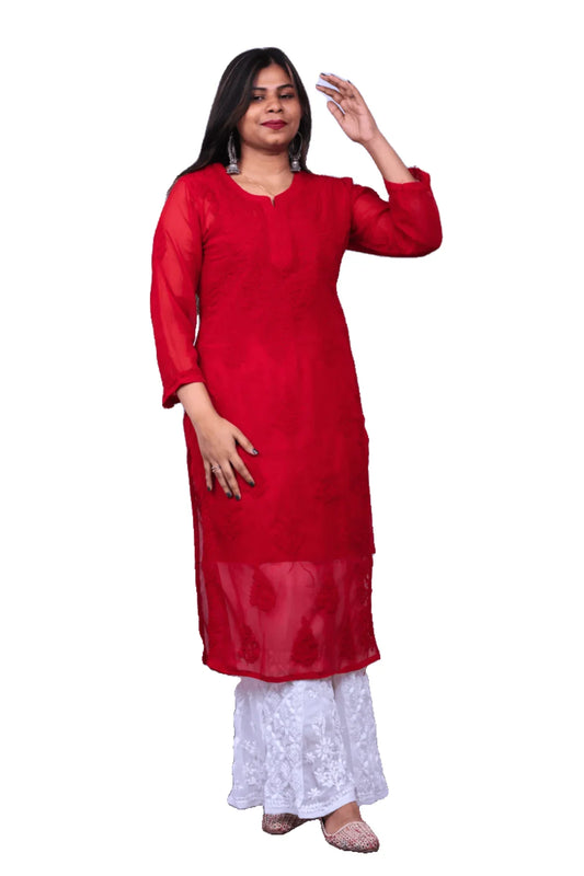 Red Tone-on-Tone Chikankari Georgette Long Kurti - Awadhkari