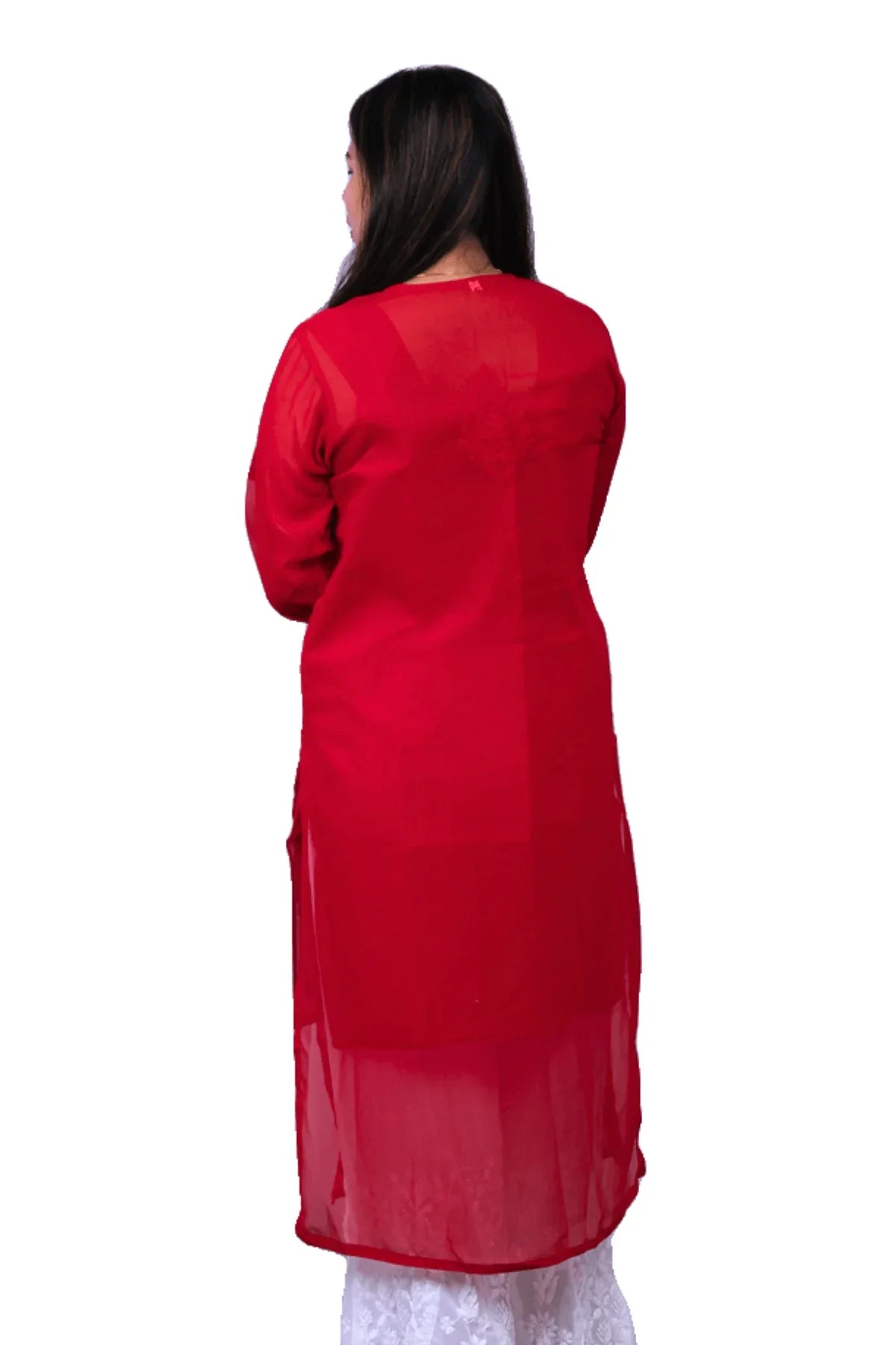 Red Tone-on-Tone Chikankari Georgette Long Kurti - Awadhkari