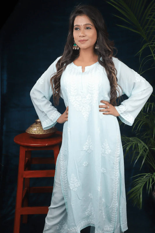 Sea Green Modal Cotton Long Kurti Palazzo Set (Copy) - Awadhkari