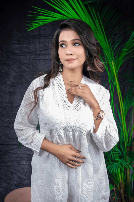 Voile Cotton Chikankari with Qureshia Short Kurti - Awadhkari