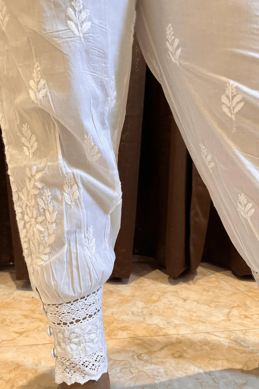 White Hand Embroidered Lucknowi Chikankari Afghani Style Palazzo - Awadhkari