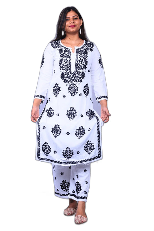 White Modal Cotton Kurti Palazzo Set - Awadhkari