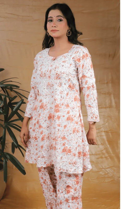 Chikankari Afghani Style Mal Cotton Co-ord Set - Awadhkari