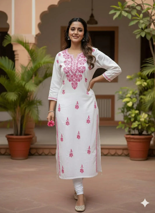 White & Rani Pink Chikankari Mal Cotton Long Kurti - Awadhkari