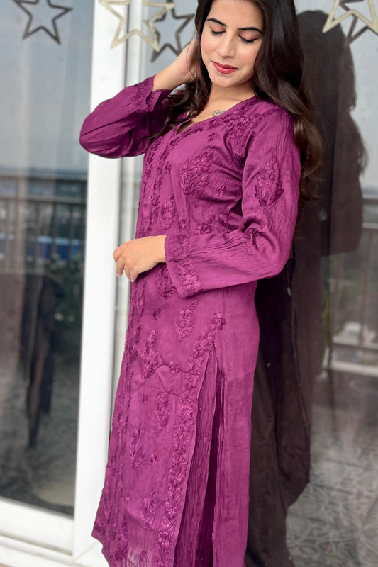 Wine Purple Palazzo Set - Chanderi Silk - Hand Embroidered Chikankari