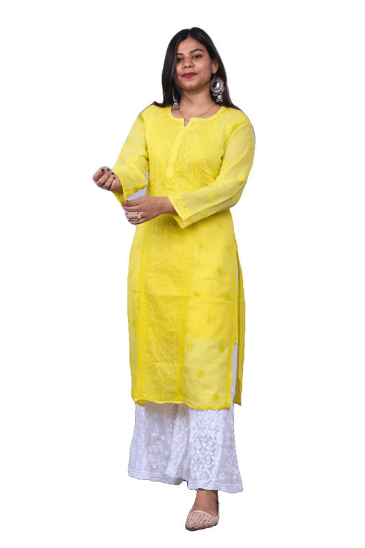 Yellow Chikankari Mukesh Work Kota Cotton Long Kurti - Awadhkari