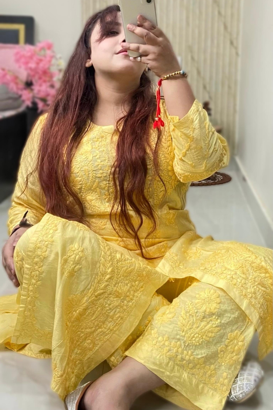 Yellow Front Open Kurti Set - Chanderi Silk - Hand Embroidered Chikankari