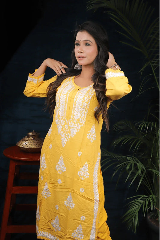 Yellow Modal Cotton Long Kurti Palazzo Set - Awadhkari