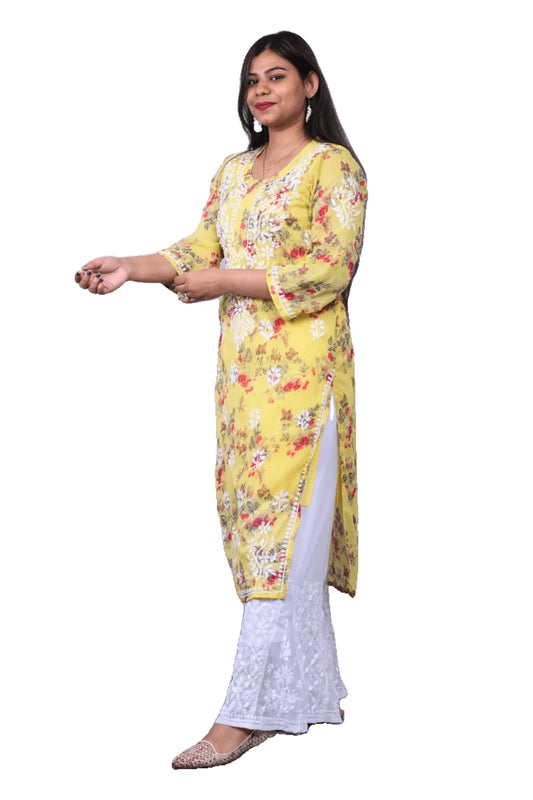 Yellow Printed Chiffon Long Kurti - Awadhkari