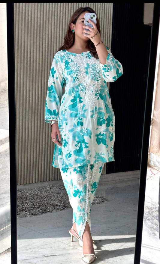 Awadhkari Lucknowi chikankari handwork White & Sky Blue Print Cotton Short Kurti Dhoti Set