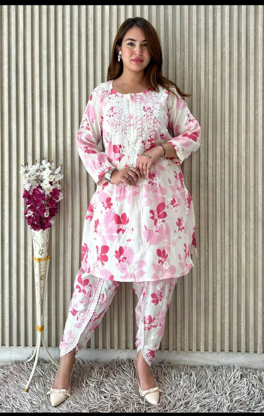 Awadhkari Lucknowi chikankari handwork White & Pink Print Cotton Short Kurti Dhoti Set