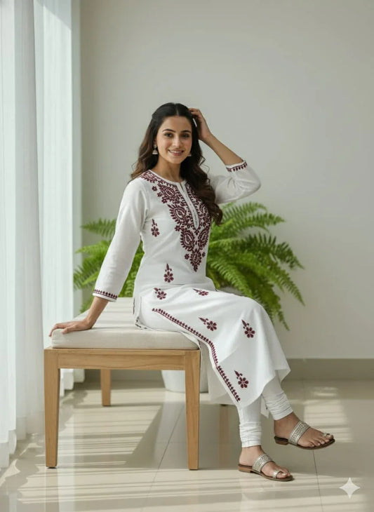 White & Wine Chikankari Mal Cotton Long Kurti - Awadhkari
