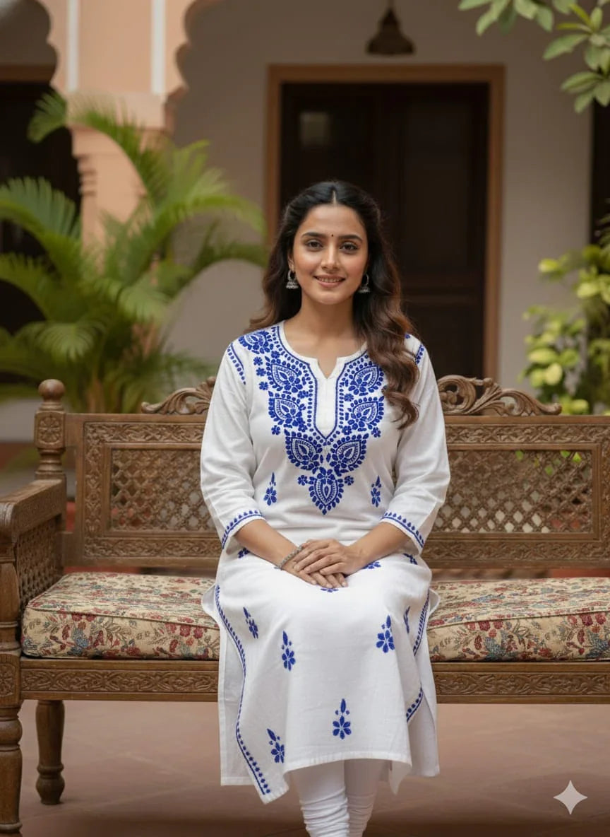 White & Royal Blue Chikankari Mal Cotton Long Kurti - Awadhkari