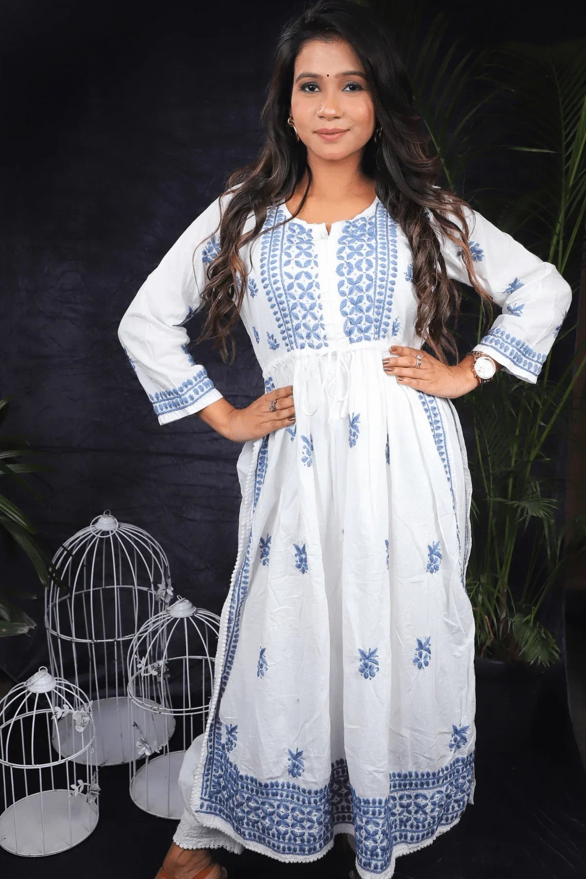 White & Blue Nyra Cut Anarkali Style Chikankari Cotton Long Kurti - Awadhkari