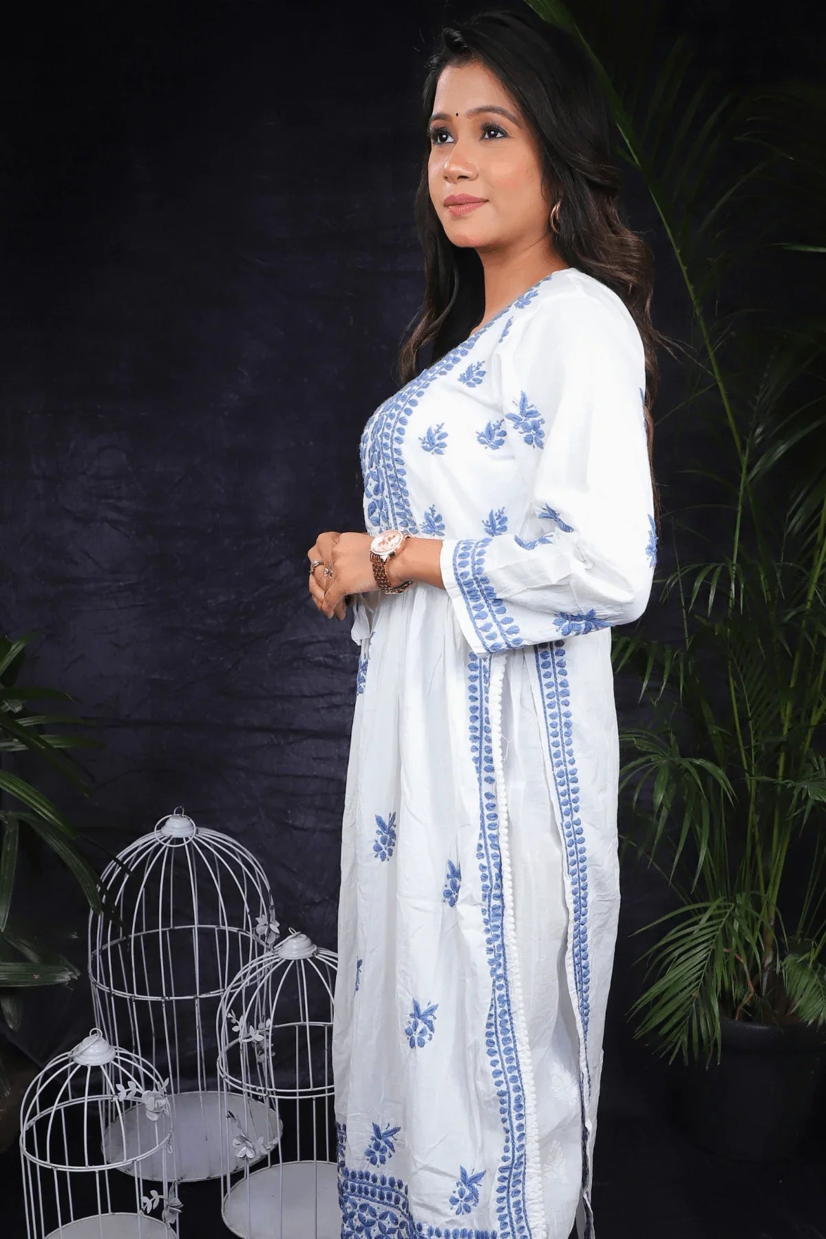 White & Blue Nyra Cut Anarkali Style Chikankari Cotton Long Kurti - Awadhkari