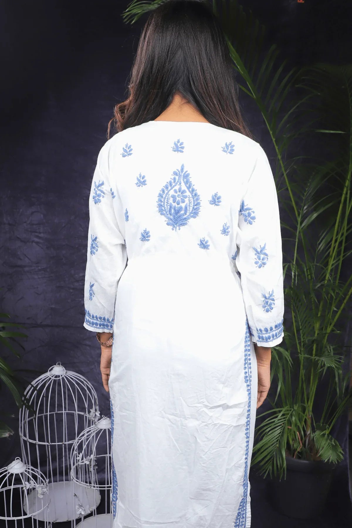 White & Blue Nyra Cut Anarkali Style Chikankari Cotton Long Kurti - Awadhkari