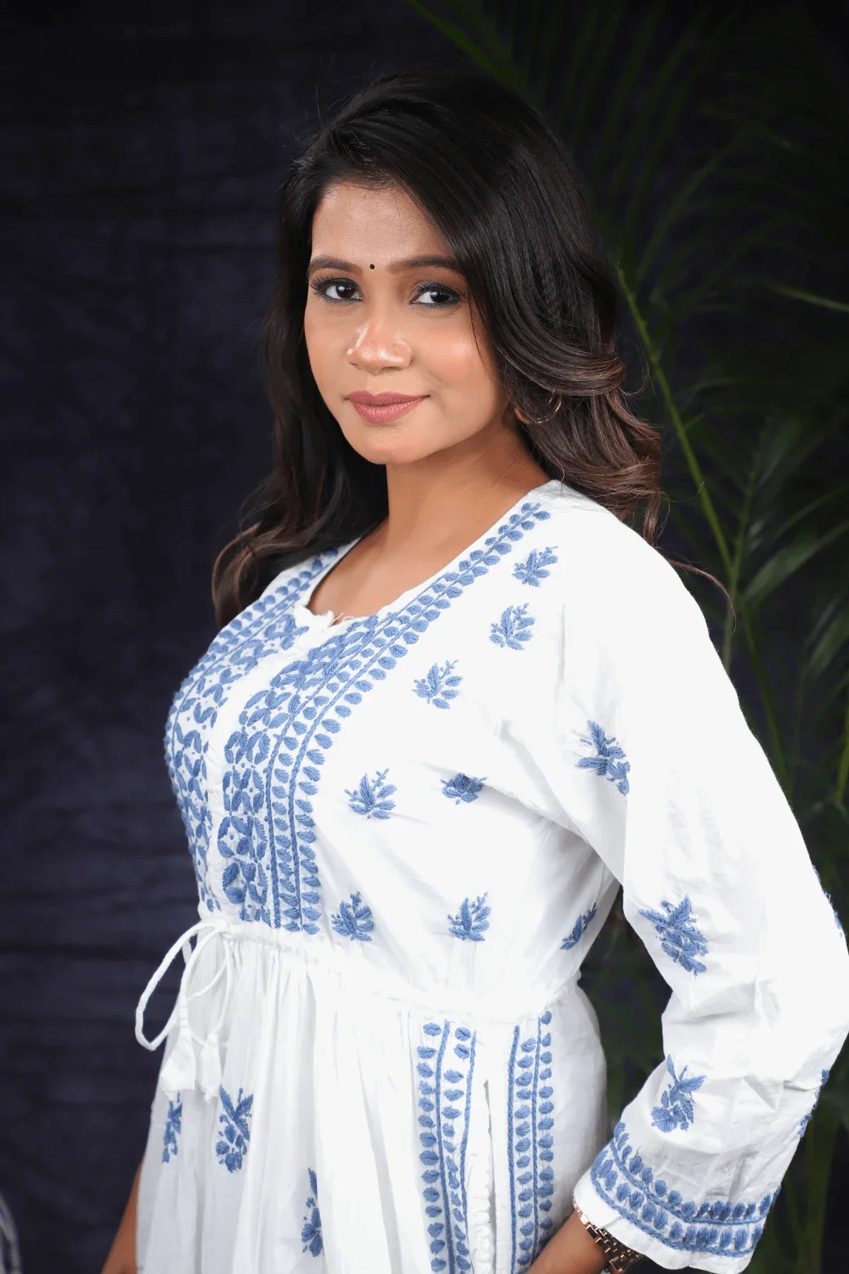 White & Blue Nyra Cut Anarkali Style Chikankari Cotton Long Kurti - Awadhkari