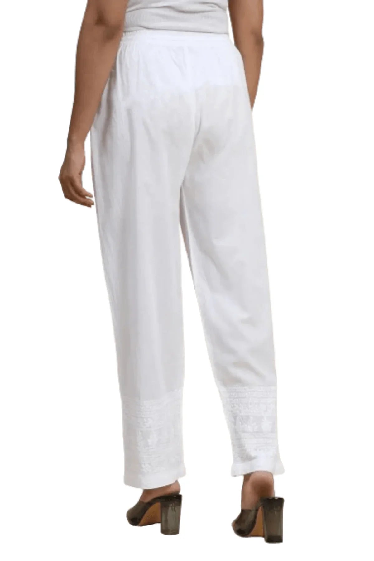 White Stretchable Chikankari Lycra Cotton Pants - Awadhkari