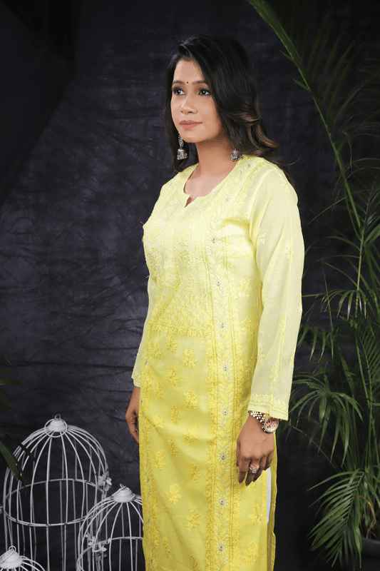 Yellow Ambre Fine Lucknowi Embroidery Pure Mal Chanderi Long Kurti - Awadhkari