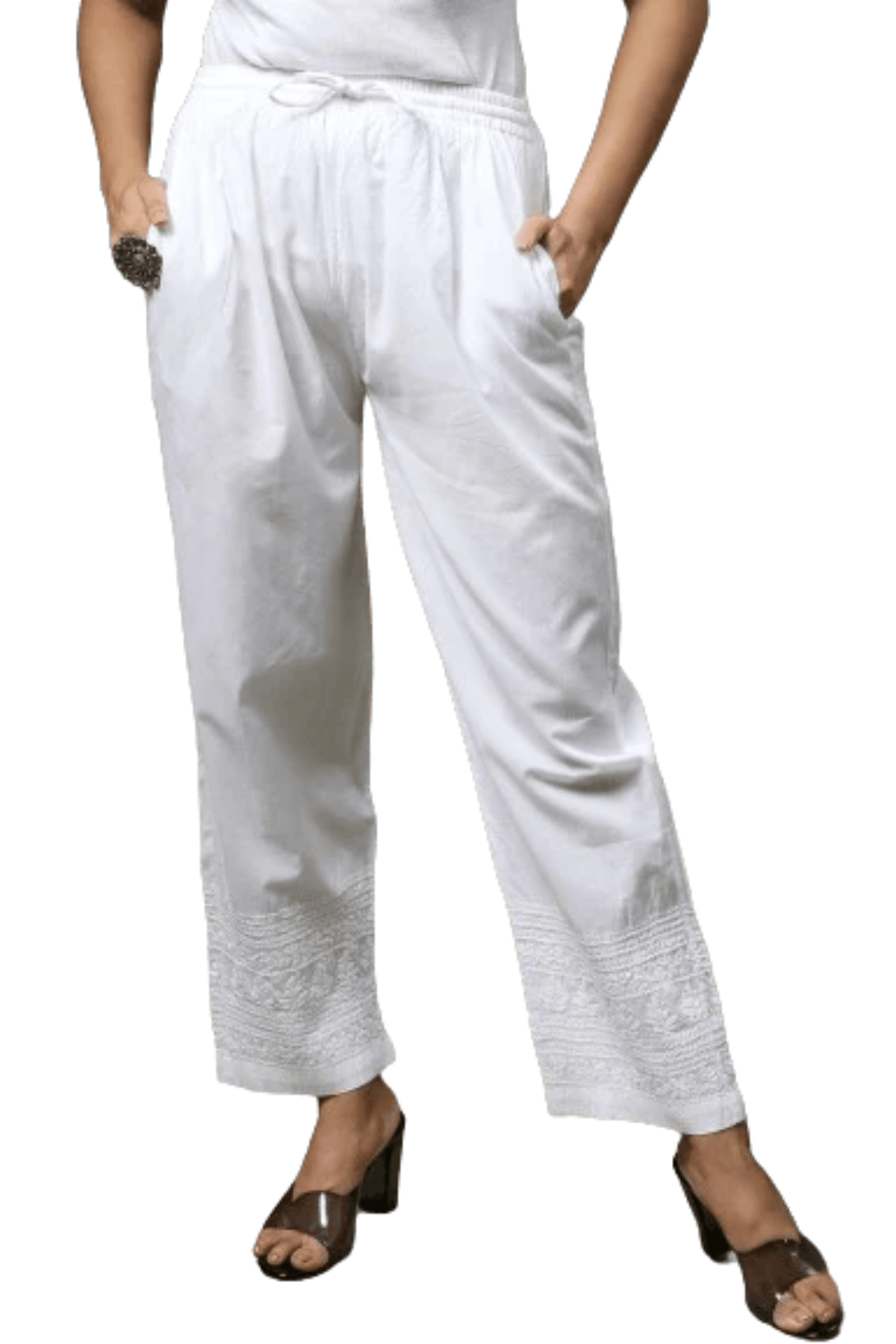 White Stretchable Chikankari Lycra Cotton Pants - Awadhkari