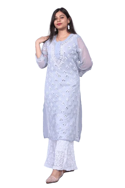 Grey Chiffon Mirror Work Long Kurti - Awadhkari